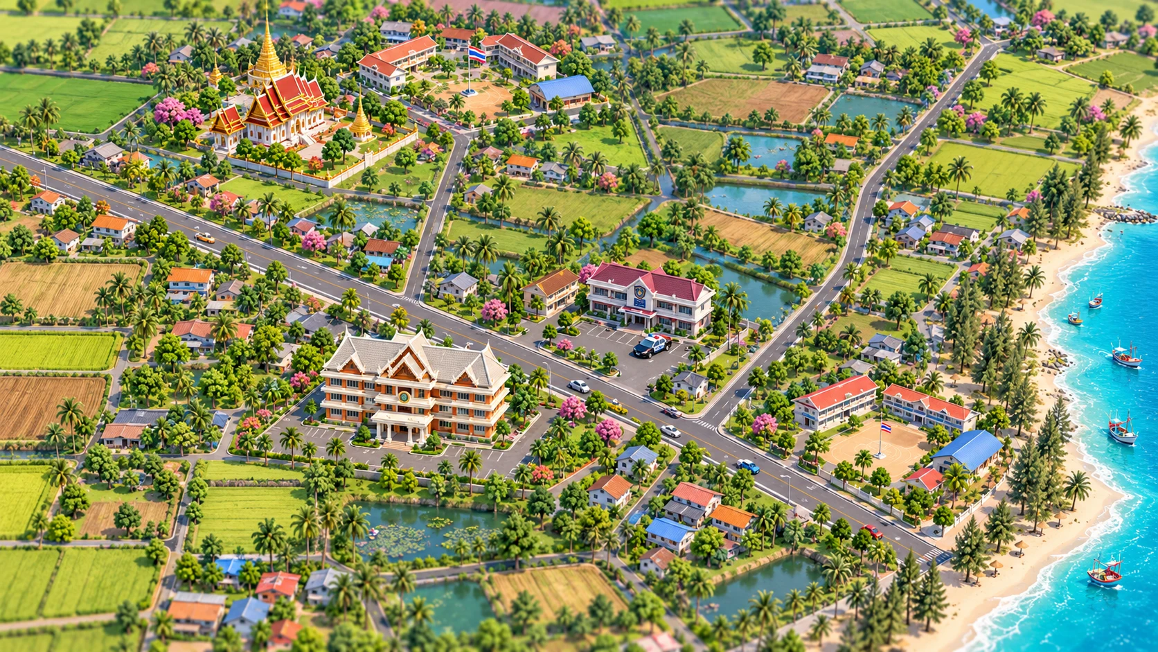 ภาพจำลองสามมิติหาดเจ้าสำราญ มีวัดบางทะลุ โรงเรียนวัดบางทะลุ เทศบาลและสถานีตำรวจคนละฝั่งถนน โรงเรียนหาดเจ้าสำราญ และชายหาด